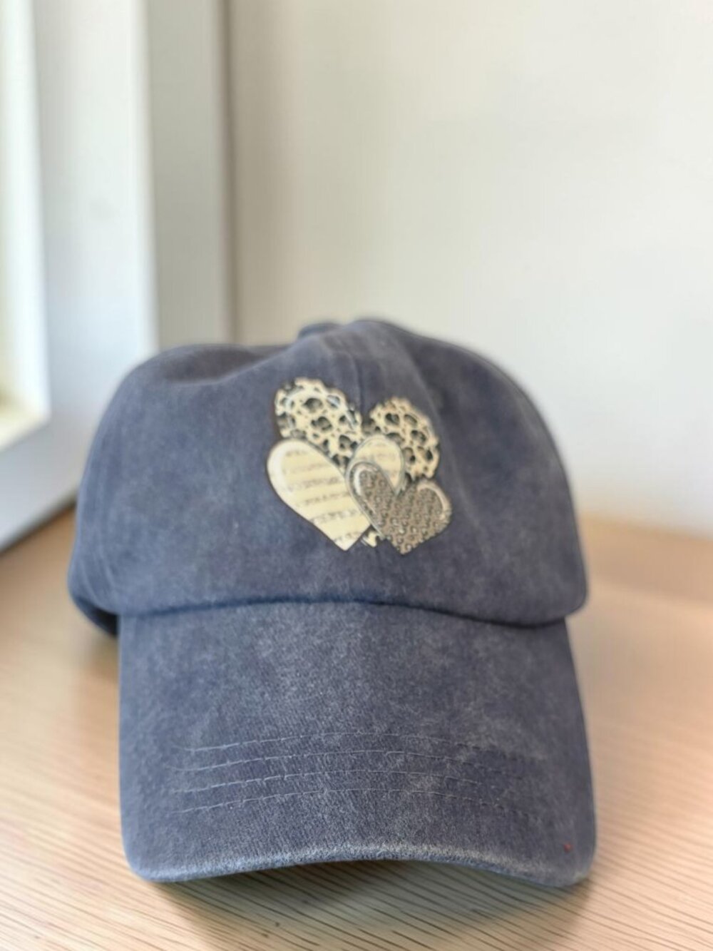 Denim Ball Cap in Blue with Tan and Gray Heart Designs - NWOT
